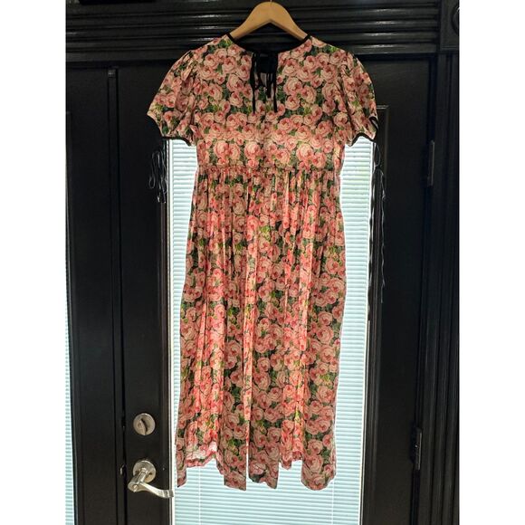 Dresses & Skirts - Rare flétta Romantic Rose Floral Babydoll Dress - Puff Sleeve & Black Trim Mediu